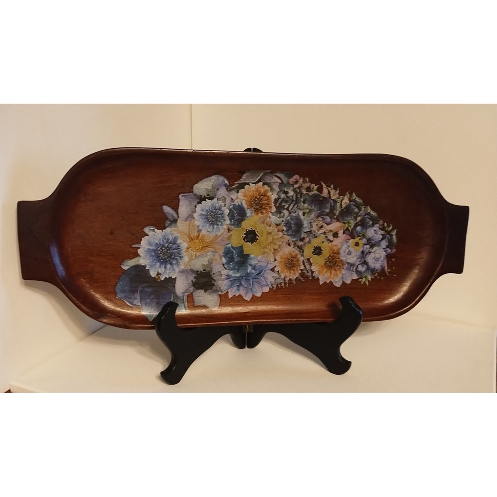 Wooden Serving Tray w/Floral Design Transfers Cottagecore Rectangle Farmhouse